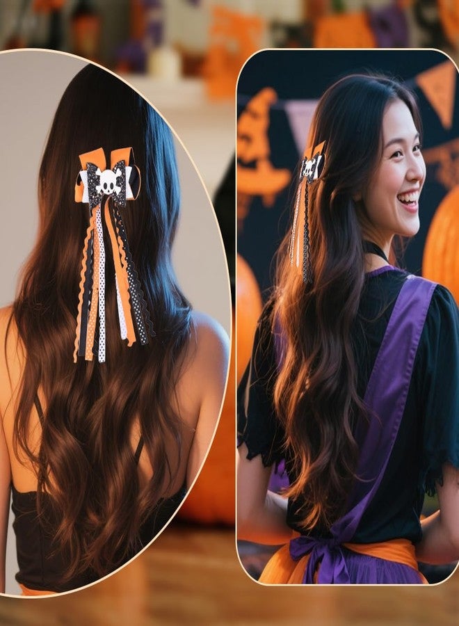 Yreamont Womens Halloween Hair Bow with Long Polka Dot Tassel Tail, Double Layer Bow Hair Clips for Women Halloween Costume Accessories for Women Girls with Skull Hair Clip for Makeup Party Decor - Image 4